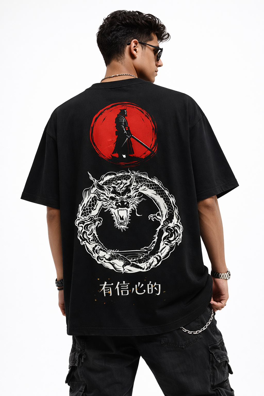 Samurai Dragon Oversized Black Streetwear T-Shirt – Premium Back Print