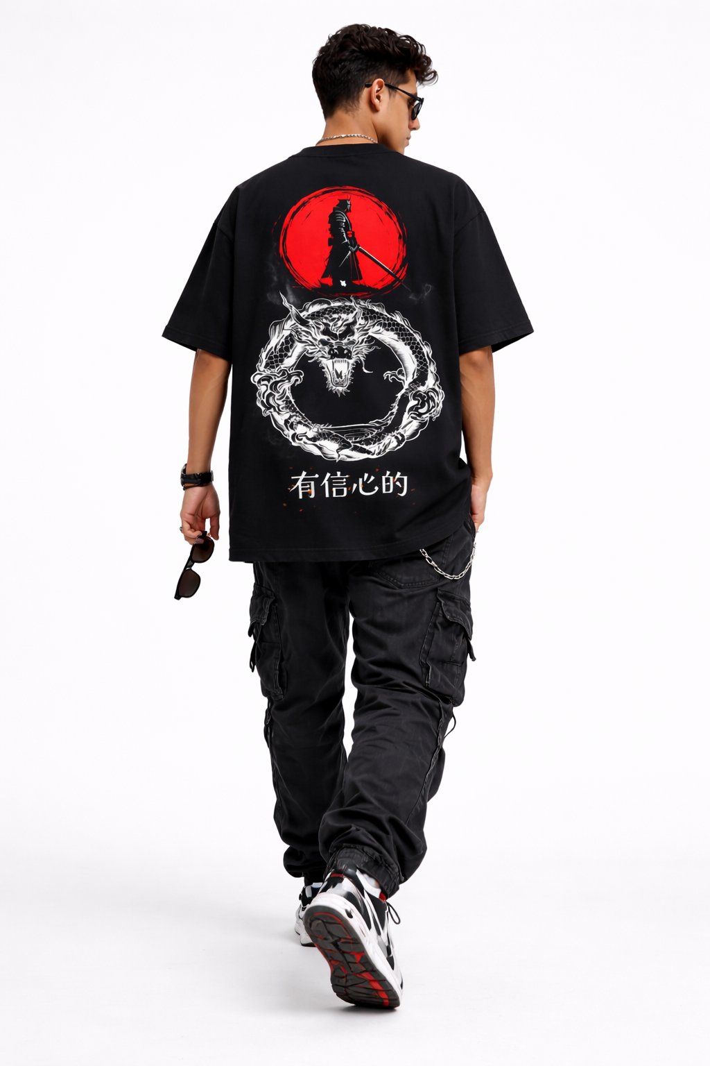 Samurai Dragon Oversized Black Streetwear T-Shirt – Premium Back Print