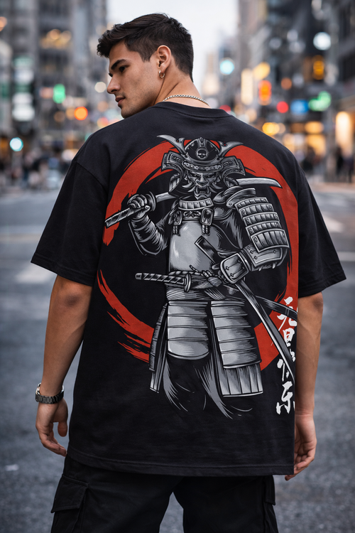 Samurai Red Circle Oversized Black T-Shirt – Premium Streetwear Back Print