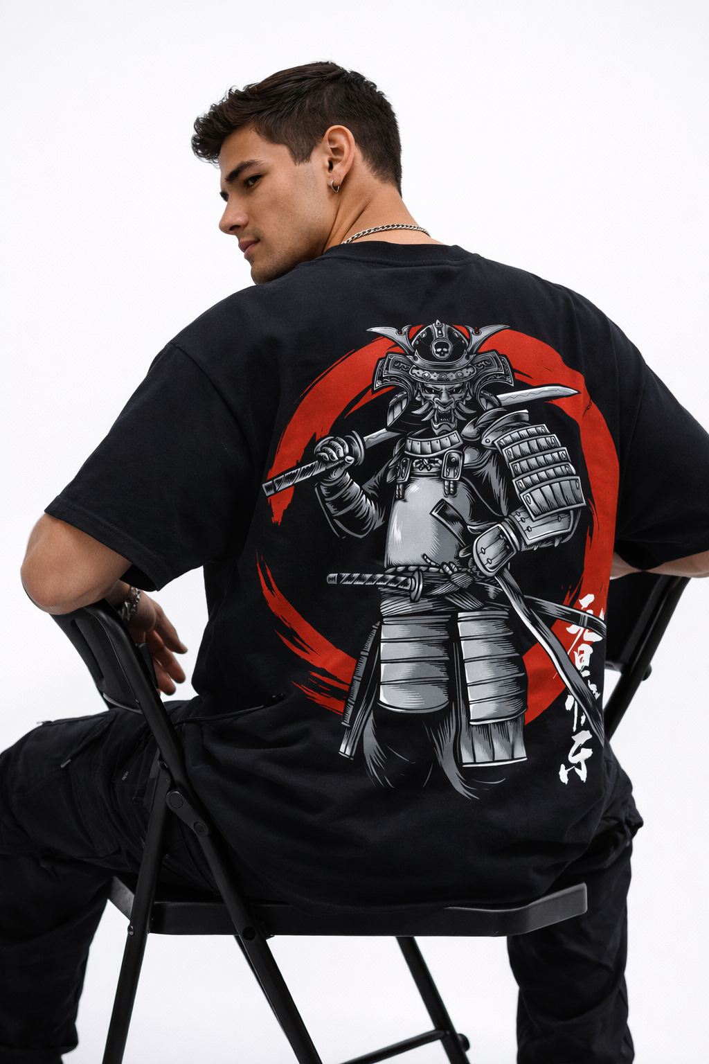 Samurai Red Circle Oversized Black T-Shirt – Premium Streetwear Back Print