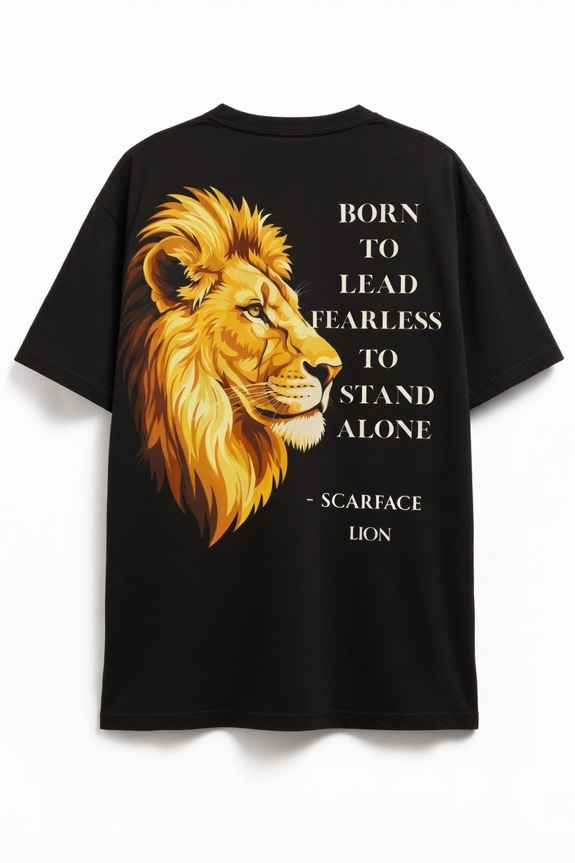 Sharp line art lion face with a small scar over the eye